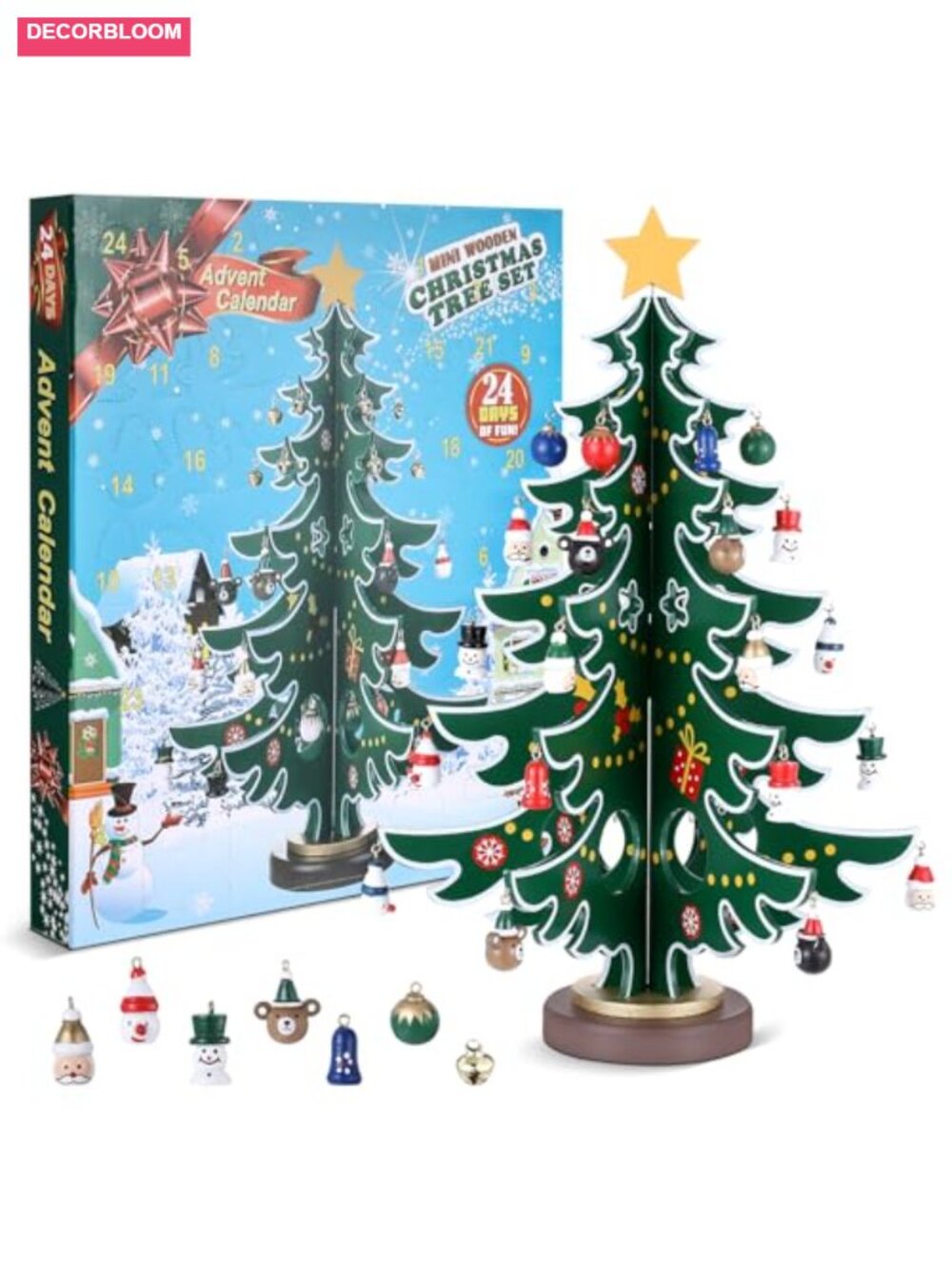 Wooden Christmas Tree 24 Day Advent Calendar Countdown 36 Ornaments Tabletop